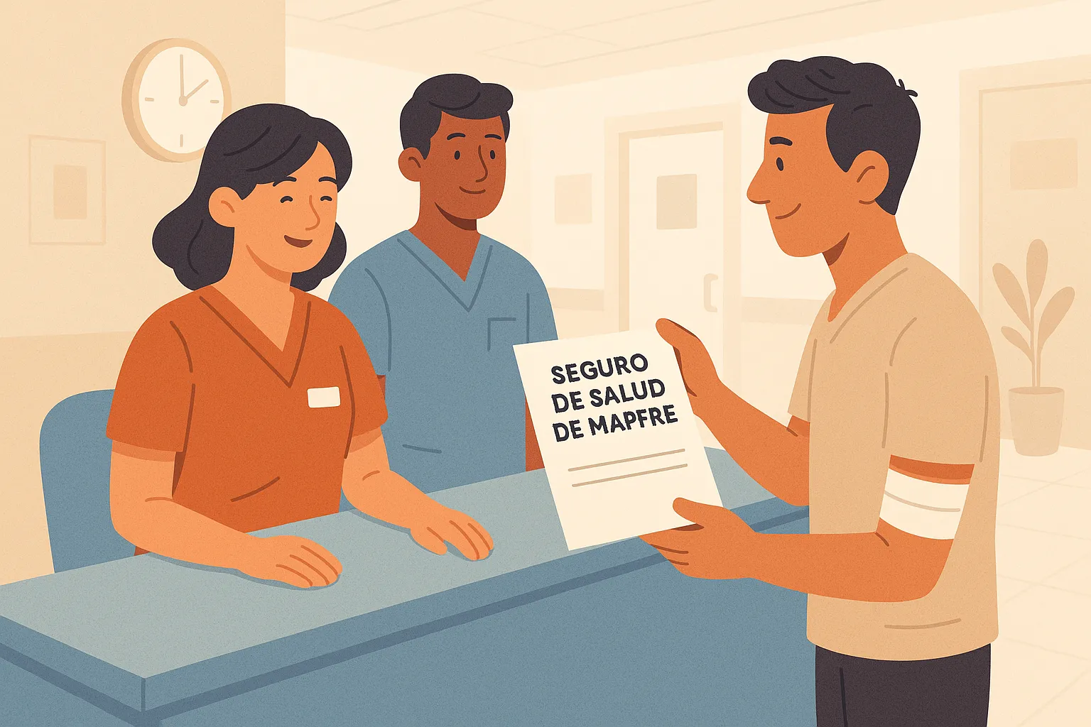 Joven enseña su póliza de seguro de salud de Mapfre a dos profesionales sanitarios en el mostrador de un hospital.