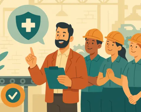 El jefe de la fábruca hablando sobre seguros de salud con trabajadores que se benefician del seguro.