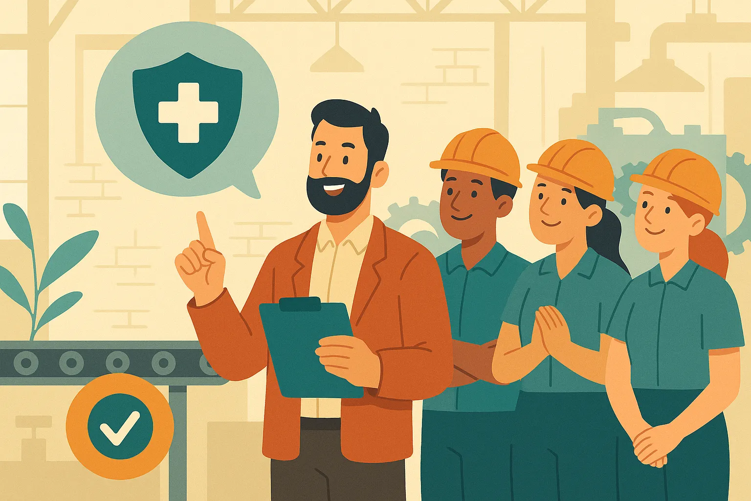 El jefe de la fábruca hablando sobre seguros de salud con trabajadores que se benefician del seguro.