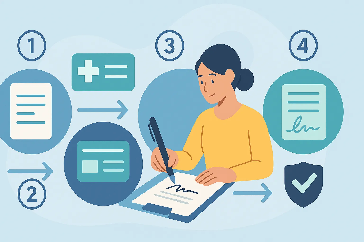 Mujer firmando contrato tras seguir pasos para contratar un seguro de salud.