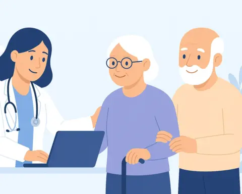 Pareja de mayores recibiendo atención médica con escudo de salud y fondo suave de protección.