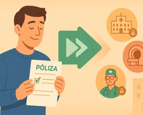 Hombre con expresión de alivio sosteniendo su documento de seguro de salud sin carencias.