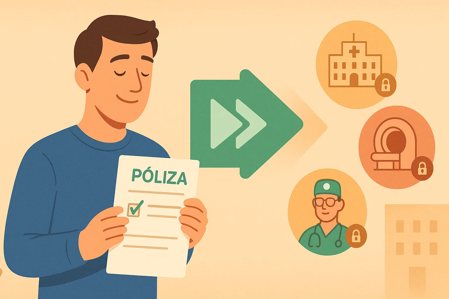 Hombre con expresión de alivio sosteniendo su documento de seguro de salud sin carencias.