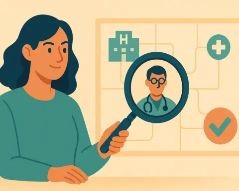 Mujer sosteniendo una lupa sobre un mapa médico que representa la búsqueda de un especialista de su cuadro médico.