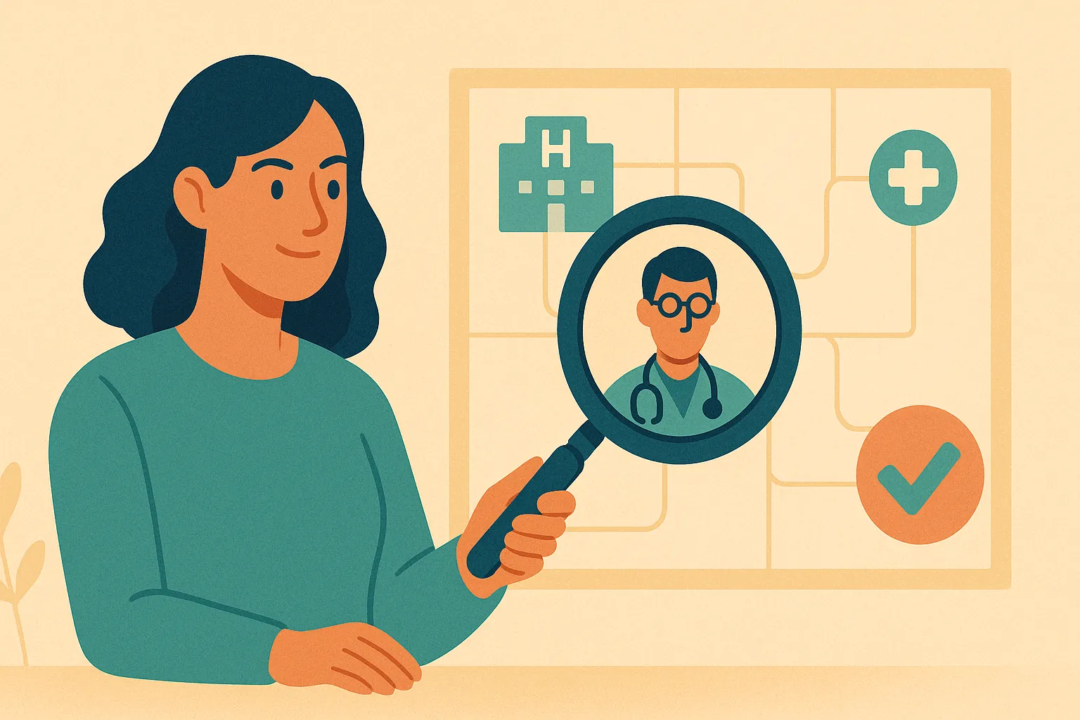 Mujer sosteniendo una lupa sobre un mapa médico que representa la búsqueda de un especialista de su cuadro médico.