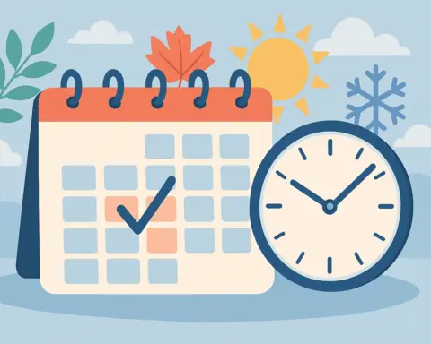 Calendario con fechas marcadas, reloj analógico y símbolos de las cuatro estaciones del año.