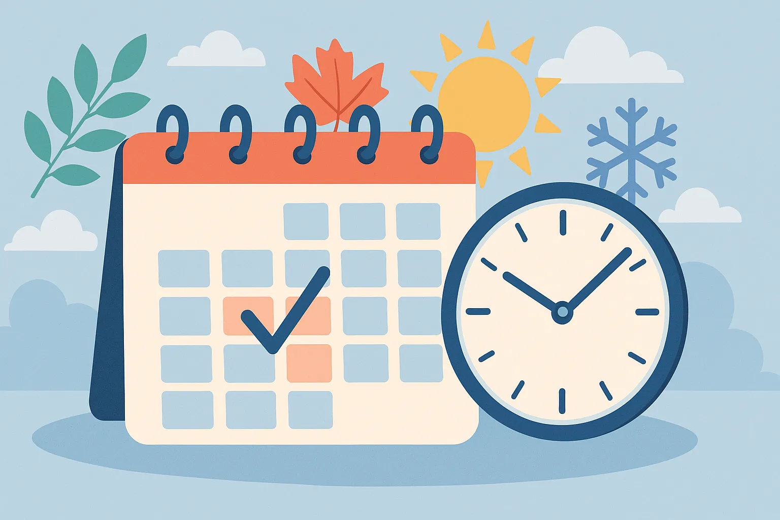 Calendario con fechas marcadas, reloj analógico y símbolos de las cuatro estaciones del año.