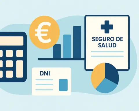 Calculadora, símbolo de euro, gráficos de precios y documento de seguro en fondo azul limpio.