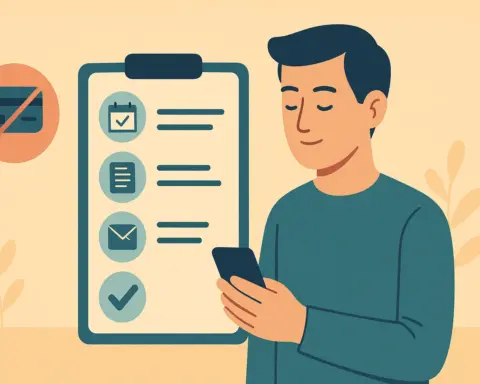 Hombre revisando su teléfono móvil ante un gran portapapeles con lista de pasos a seguir para dar de baja su póliza de salud.