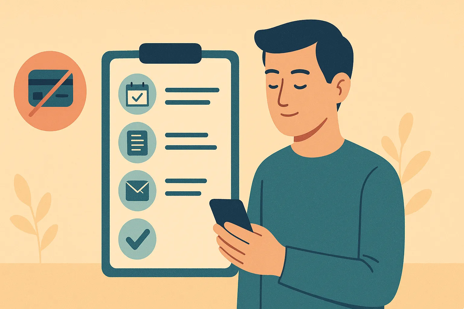 Hombre revisando su teléfono móvil ante un gran portapapeles con lista de pasos a seguir para dar de baja su póliza de salud.