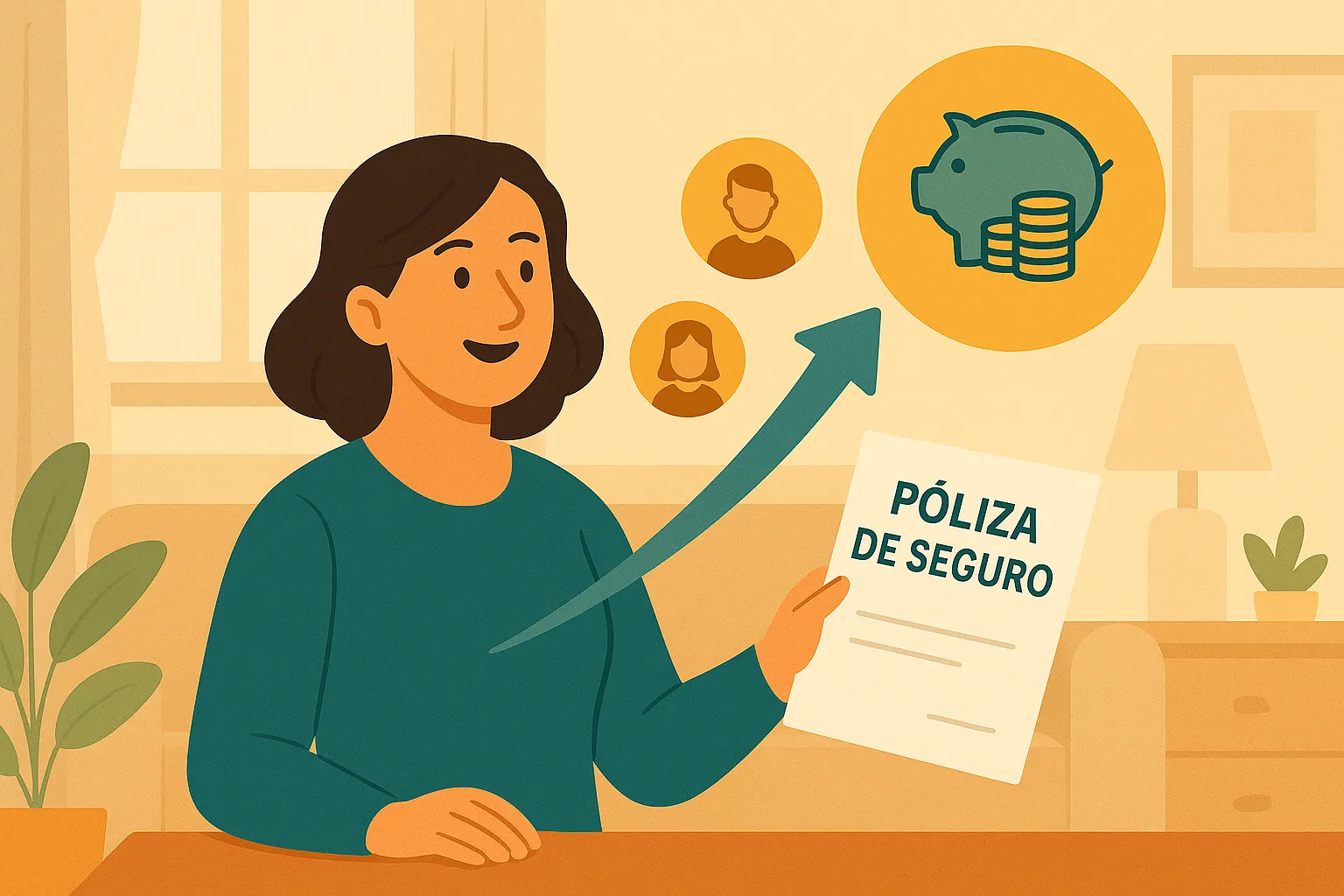 Mujer autónoma sentada en un sofá sosteniendo la póliza del seguro de salud que puede desgravarse en la Declaración de la Renta.