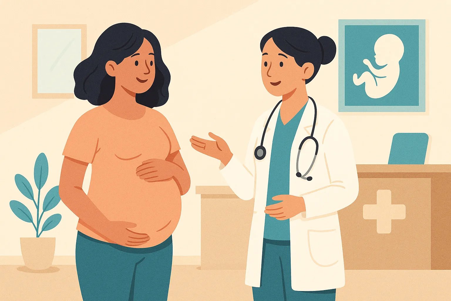 Una mujer embarazada hablando con una doctora del seguro de salud en una consulta médica.