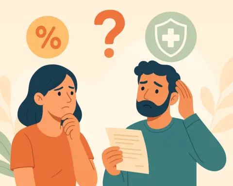 Pareja confundida revisando un documento de seguro de salud para saber si han cometido algún error al contratar la póliza.