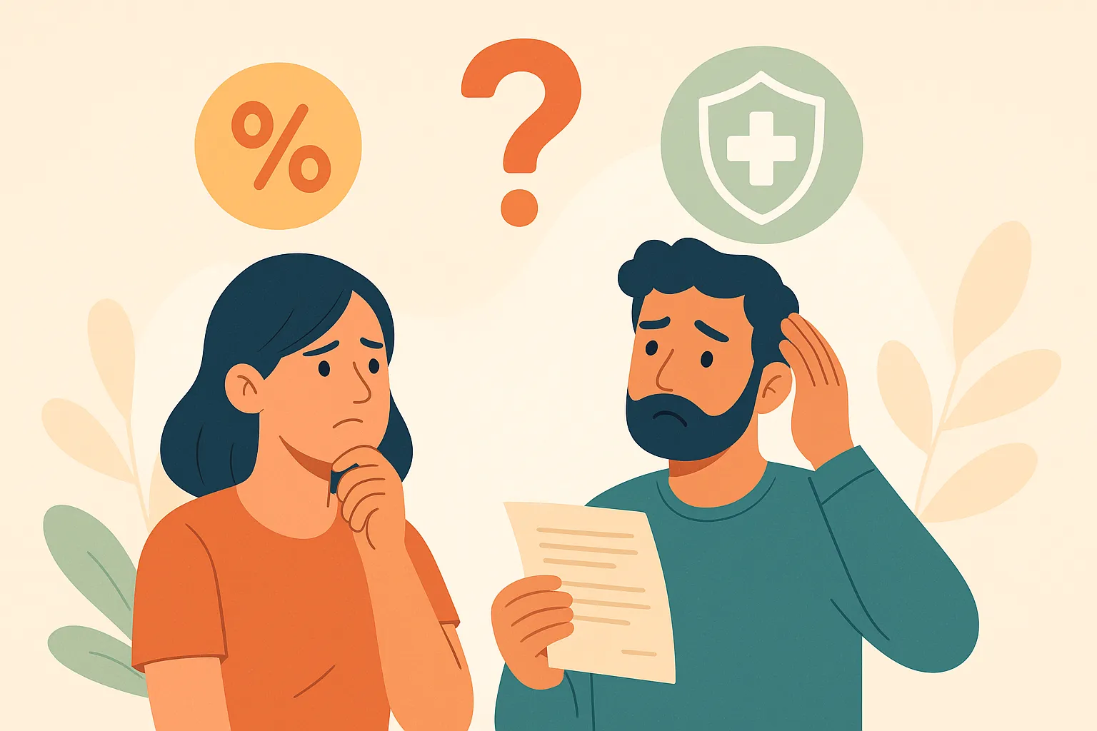 Pareja confundida revisando un documento de seguro de salud para saber si han cometido algún error al contratar la póliza.