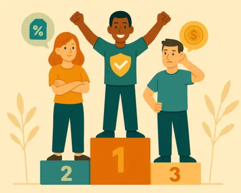 Tres personas sobre un podio representando la comparación de las mejores compañías de seguros de salud