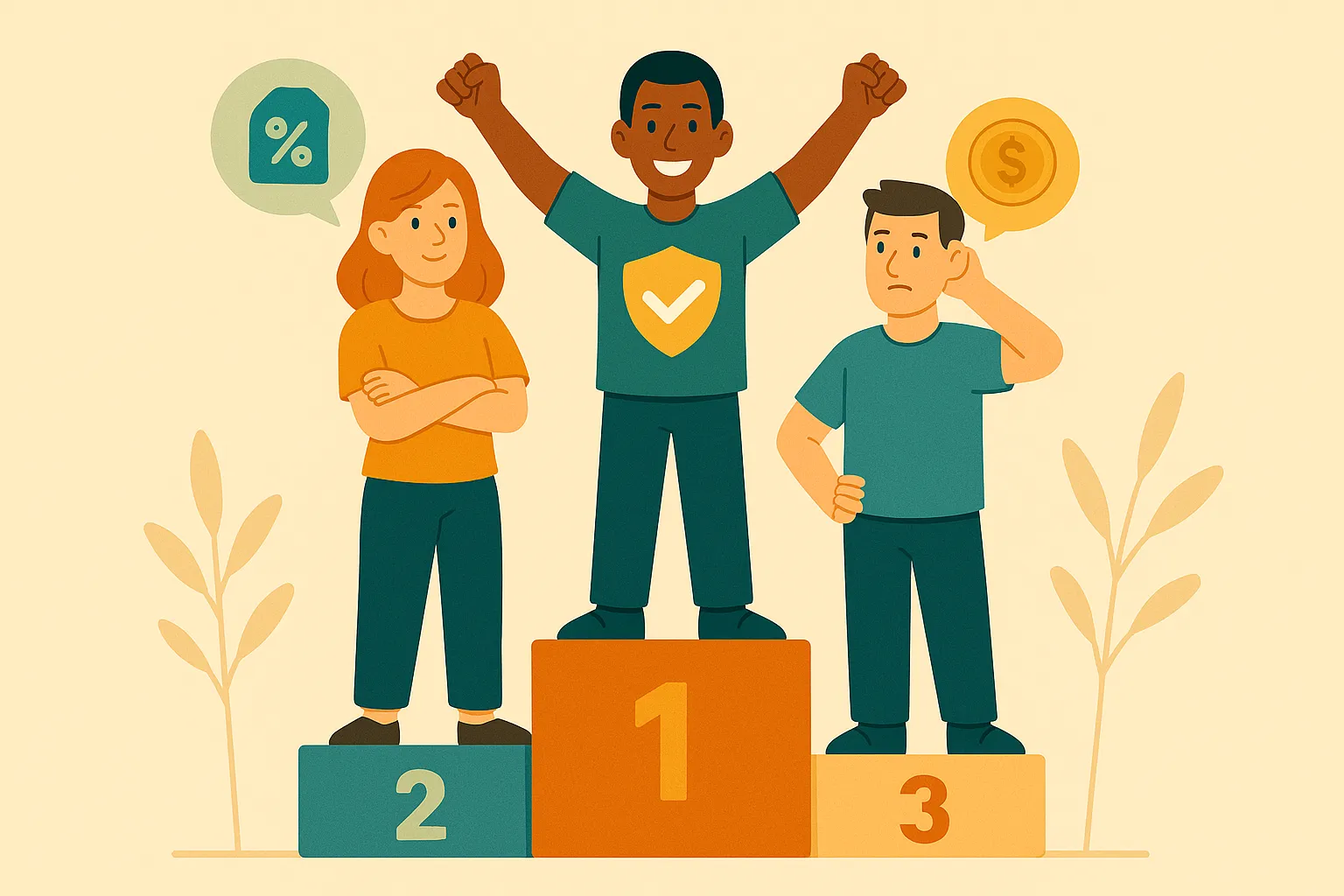 Tres personas sobre un podio representando la comparación de las mejores compañías de seguros de salud