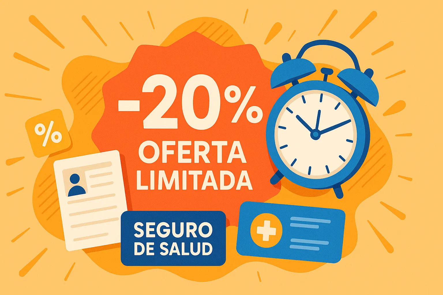 Etiqueta de oferta con “-20%”, reloj de cuenta atrás y fondo dinámico con colores cálidos y vibrantes.