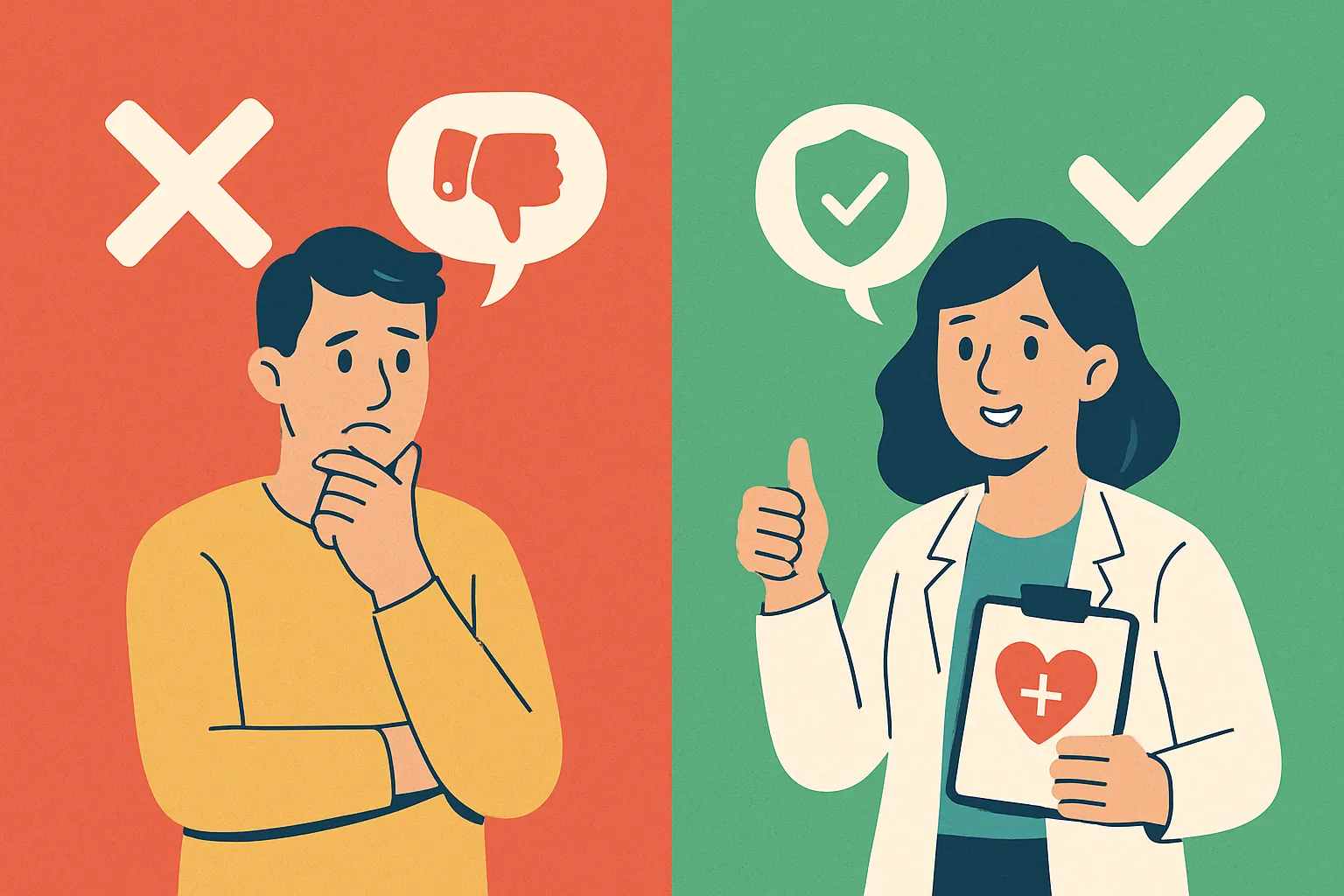 Comparativa visual de opiniones sobre seguros de salud: a la izquierda símbolos negativos y a la derecha símbolos de aprobación.