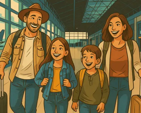 Familia que ha contratado un seguro de salud para viaje llegando al aeropuerto.