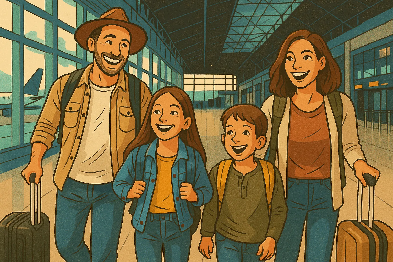 Familia que ha contratado un seguro de salud para viaje llegando al aeropuerto.