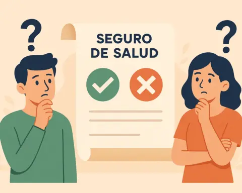 Hombre y mujer frente a un Seguro de Salud, con símbolos que representan dudas sobre qué cubre o no un seguro médico.