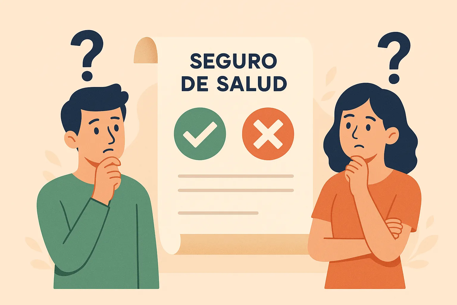 Hombre y mujer frente a un Seguro de Salud, con símbolos que representan dudas sobre qué cubre o no un seguro médico.