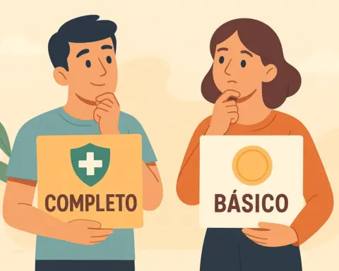 Un hombre sostiene un cartel de Completo y una mujer uno de Básico con icono dorado, ambos evaluando sus opciones."