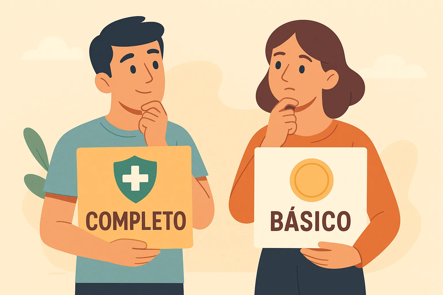 Un hombre sostiene un cartel de Completo y una mujer uno de Básico con icono dorado, ambos evaluando sus opciones."