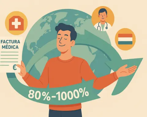 Un hombre feliz sostiene la factura médica que su seguro de salud le va a reembolsar.