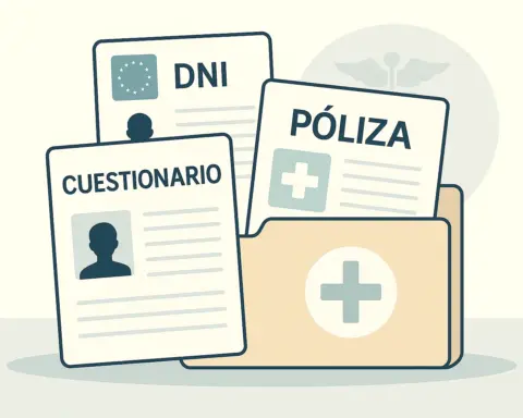 Tres documentos médicos sobre una carpeta: DNI, póliza y cuestionario, en estilo limpio y ordenado.