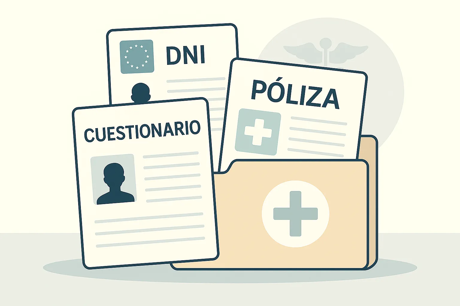 Tres documentos médicos sobre una carpeta: DNI, póliza y cuestionario, en estilo limpio y ordenado.