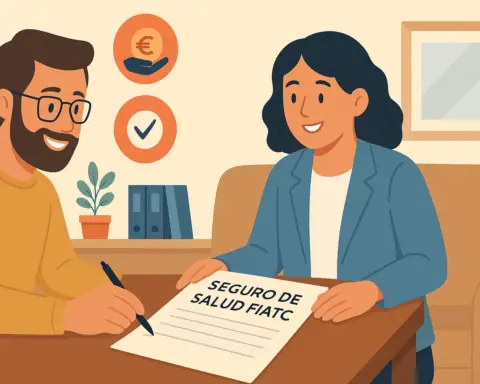 Hombre firmando contrato de seguro de salud FIATC junto a una asesora en una oficina moderna