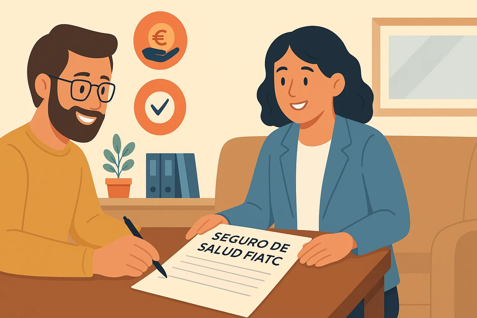 Hombre firmando contrato de seguro de salud FIATC junto a una asesora en una oficina moderna