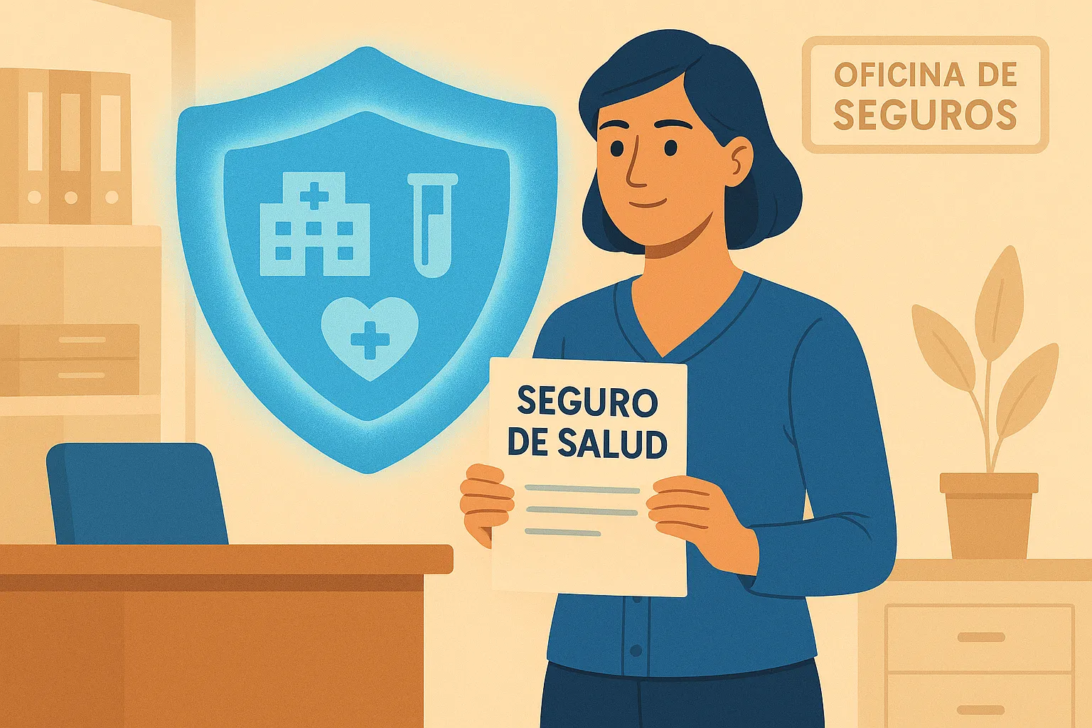 Mujer en una oficina con su seguro de salud con cobertura frente al Covid y otras pandemias.