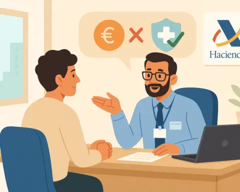 Asesor de Hacienda explicando a un contribuyente cómo desgravar un seguro de salud en un despacho oficial.