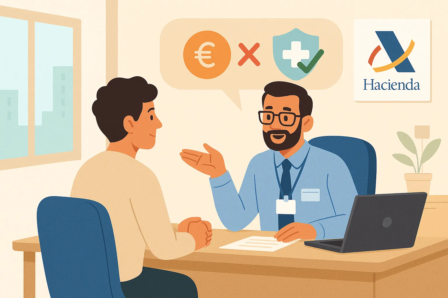 Asesor de Hacienda explicando a un contribuyente cómo desgravar un seguro de salud en un despacho oficial.