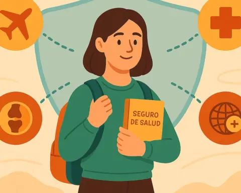 Joven estudiante con la carpeta del seguro de salud que acaba de contratar para su viaje al extranjero.