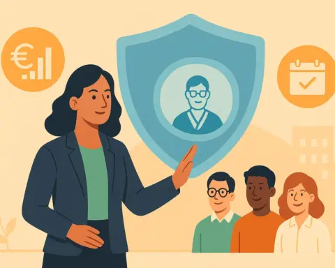 Mujer empresaria explica a sus trabajadores los beneficios de un seguro de salud para colectivos.