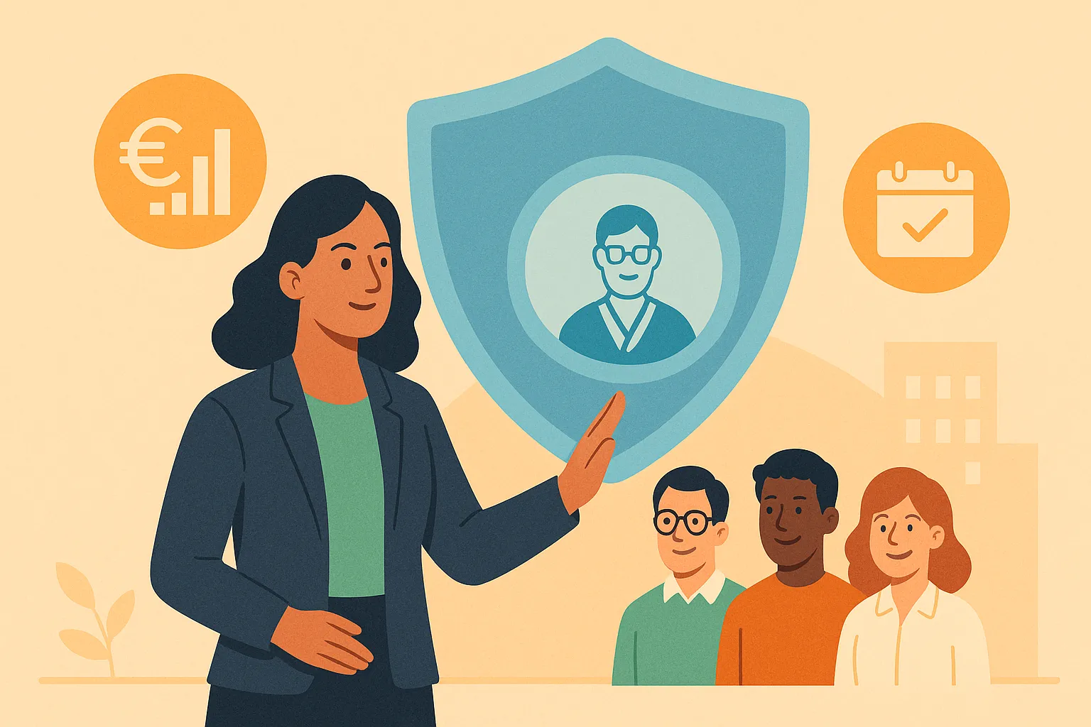 Mujer empresaria explica a sus trabajadores los beneficios de un seguro de salud para colectivos.