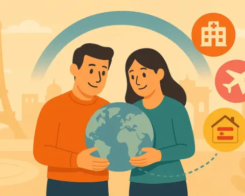 Pareja joven feliz porque su seguro de salud los acompaña en su viaje a París.