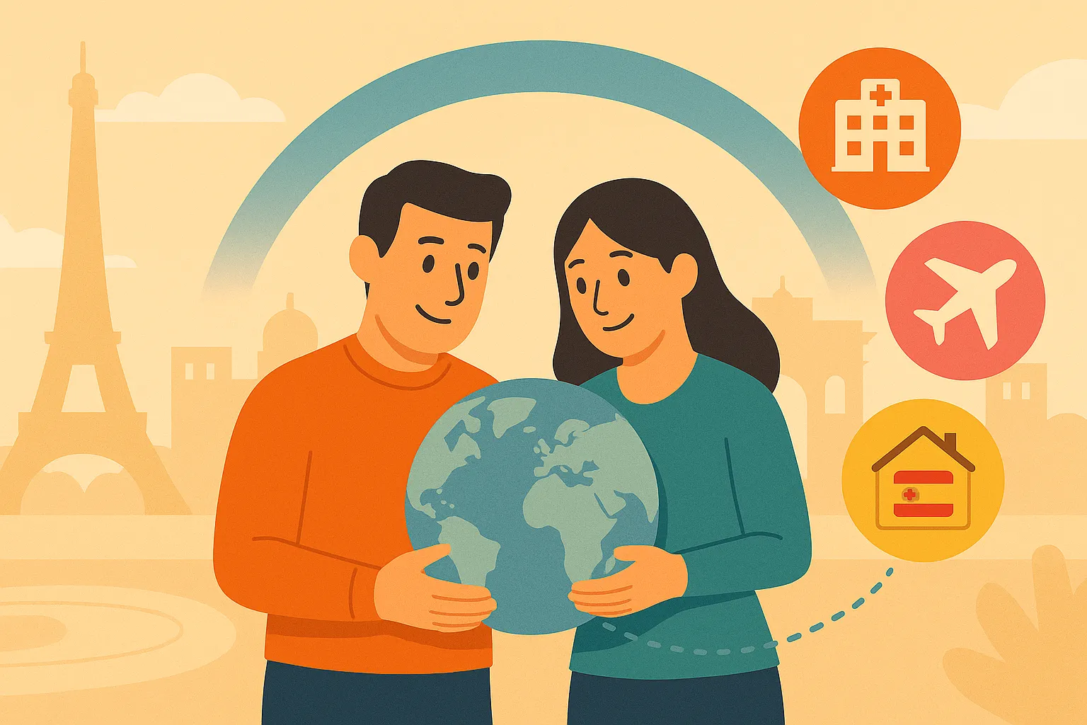 Pareja joven feliz porque su seguro de salud los acompaña en su viaje a París.