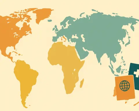 Mapa con iconos de pasaporte y tarjeta sanitaria que representa seguros de salud para extranjeros.