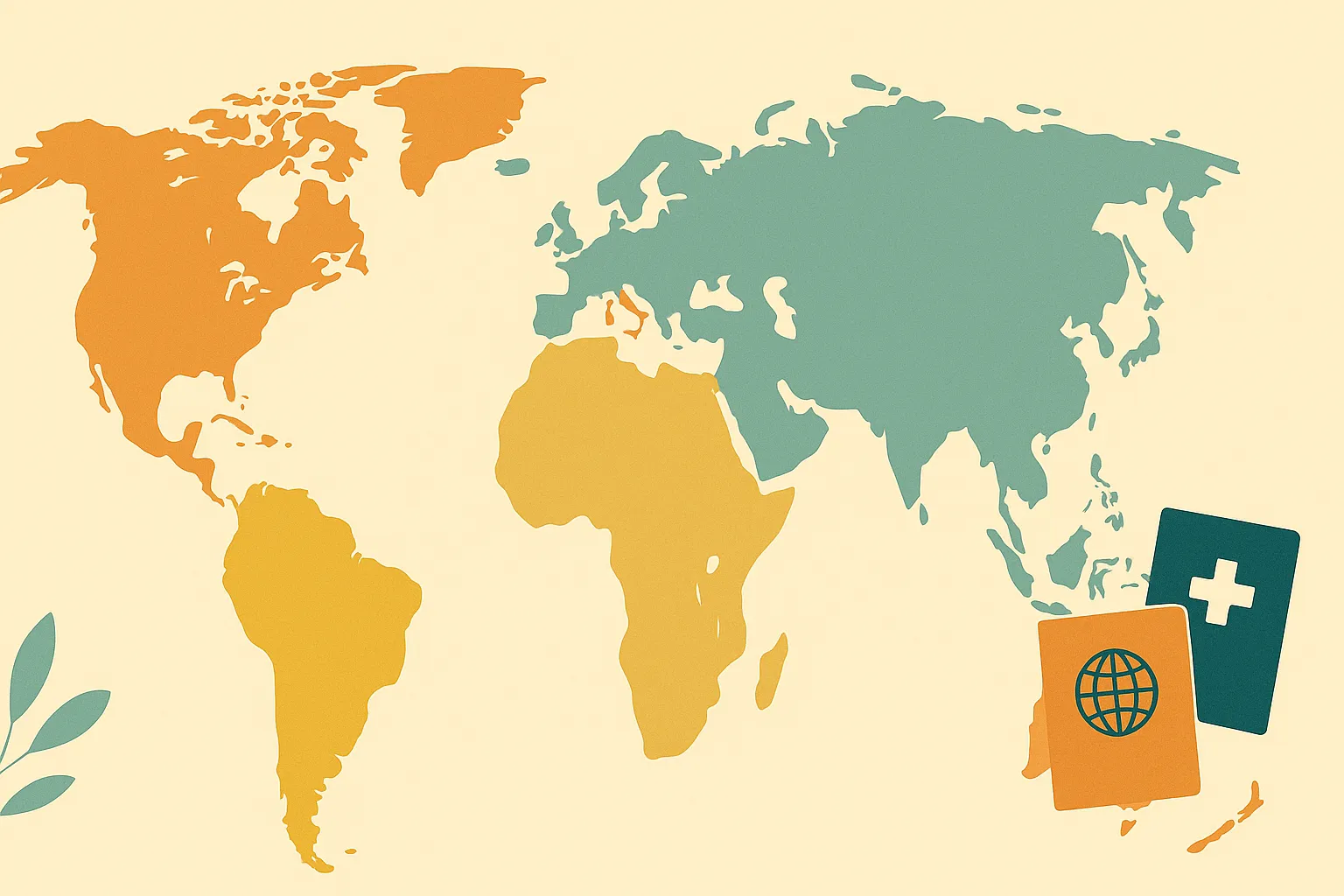 Mapa con iconos de pasaporte y tarjeta sanitaria que representa seguros de salud para extranjeros.