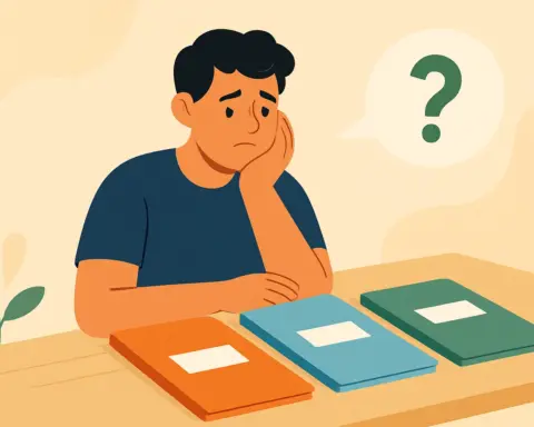 Un joven con expresión de duda mirando varias carpetas porque no sabe qué seguro es mejor.