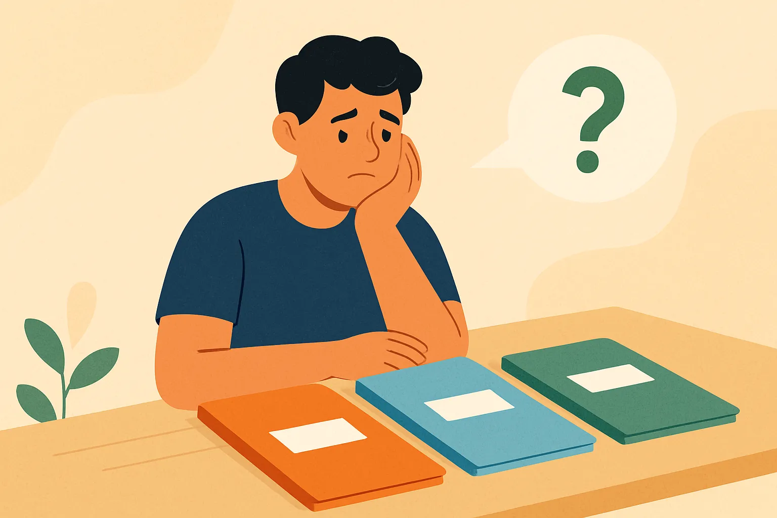 Un joven con expresión de duda mirando varias carpetas porque no sabe qué seguro es mejor.