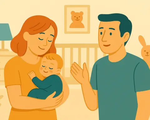 Una madre abrazando a su bebé junto al padre en una habitación infantil, representando seguros de salud para niños