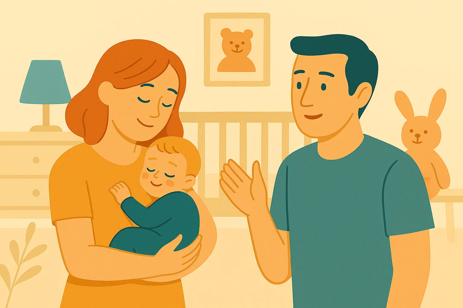 Una madre abrazando a su bebé junto al padre en una habitación infantil, representando seguros de salud para niños