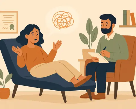 Una mujer hablando con un terapeuta en una sesión de psicología incluida en su seguro de salud.