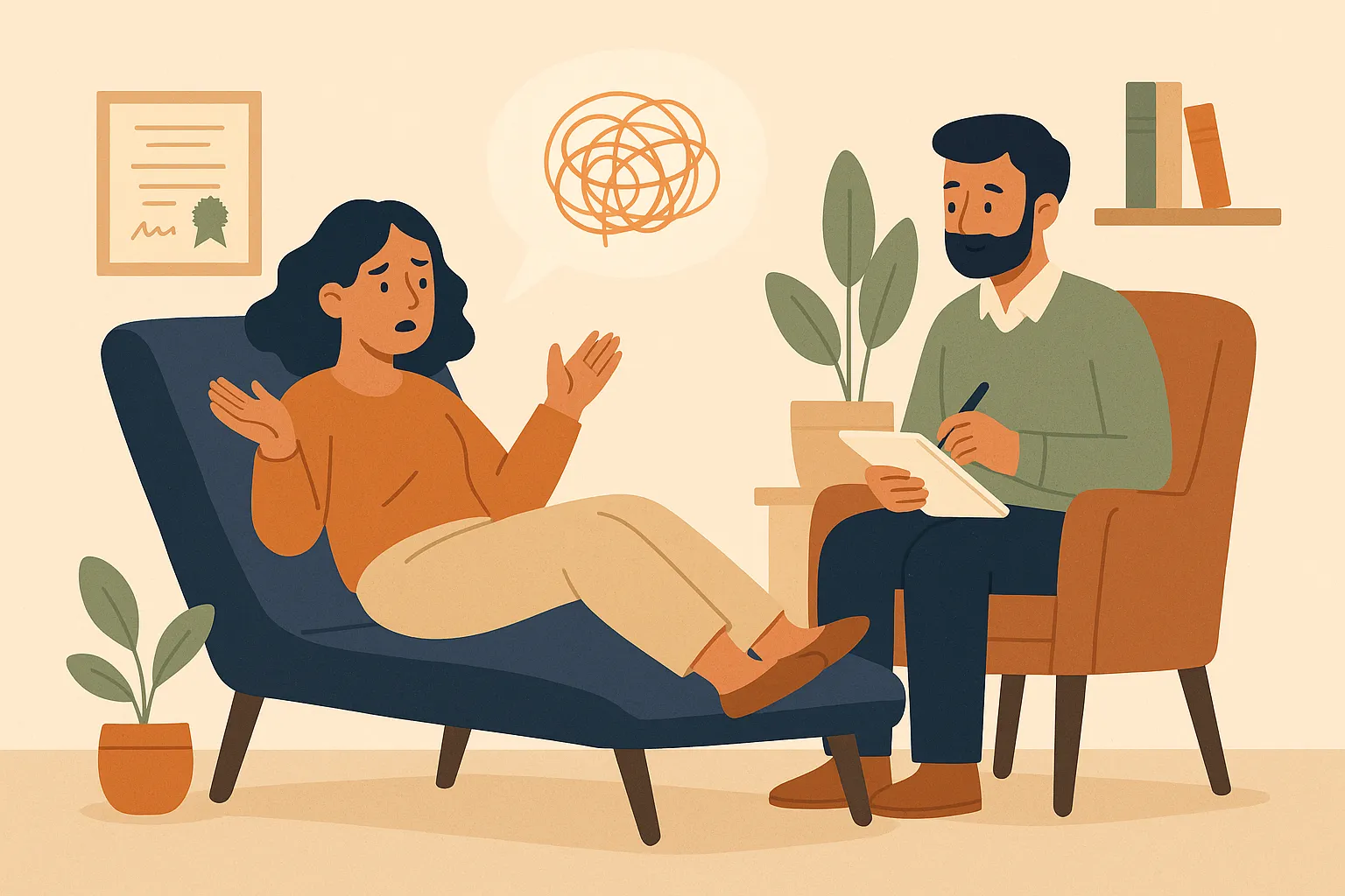 Una mujer hablando con un terapeuta en una sesión de psicología incluida en su seguro de salud.