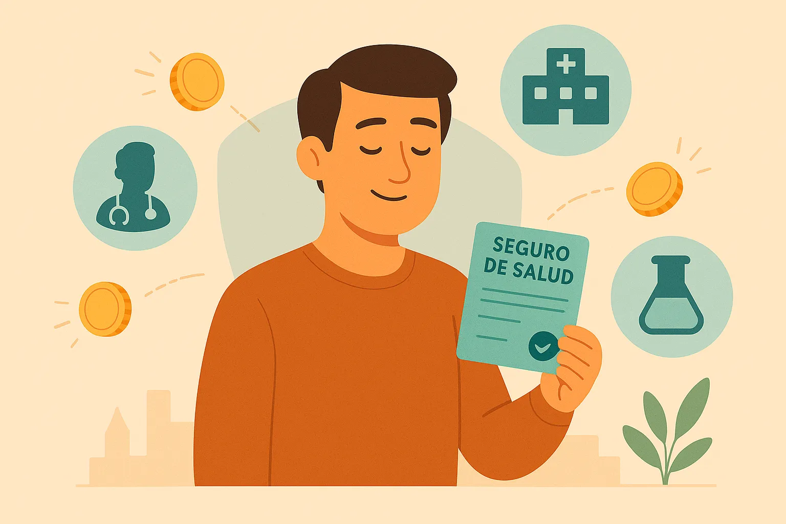 Hombre sostiene la tarjeta de su seguro de salud sin copagos que le da tranquilidad para ir al médico cuando quiera.